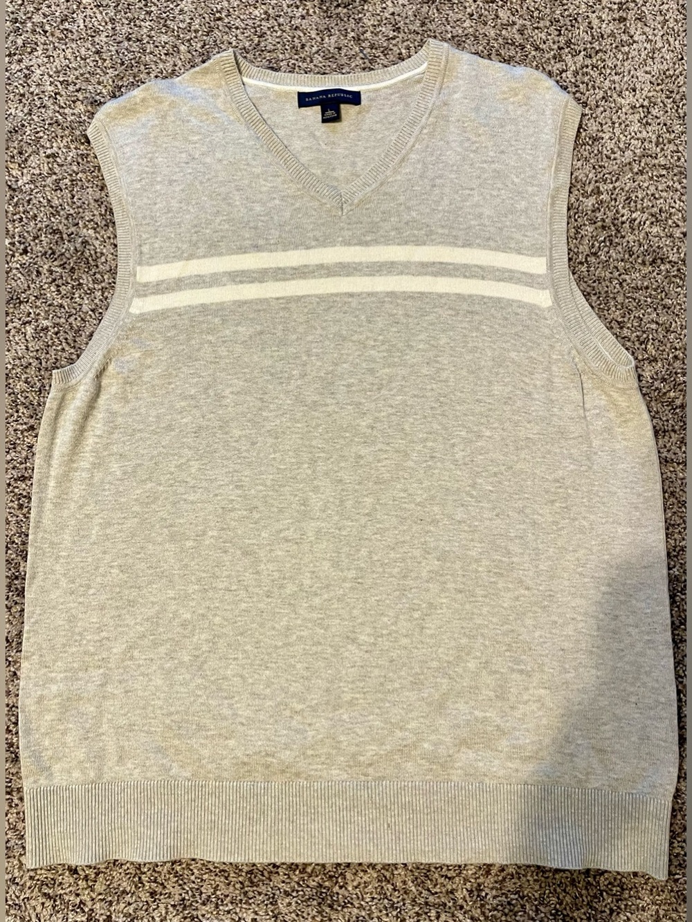 Banana Republic Grey Sleeveless V-Neck Sweater Vest with Cream Stripes